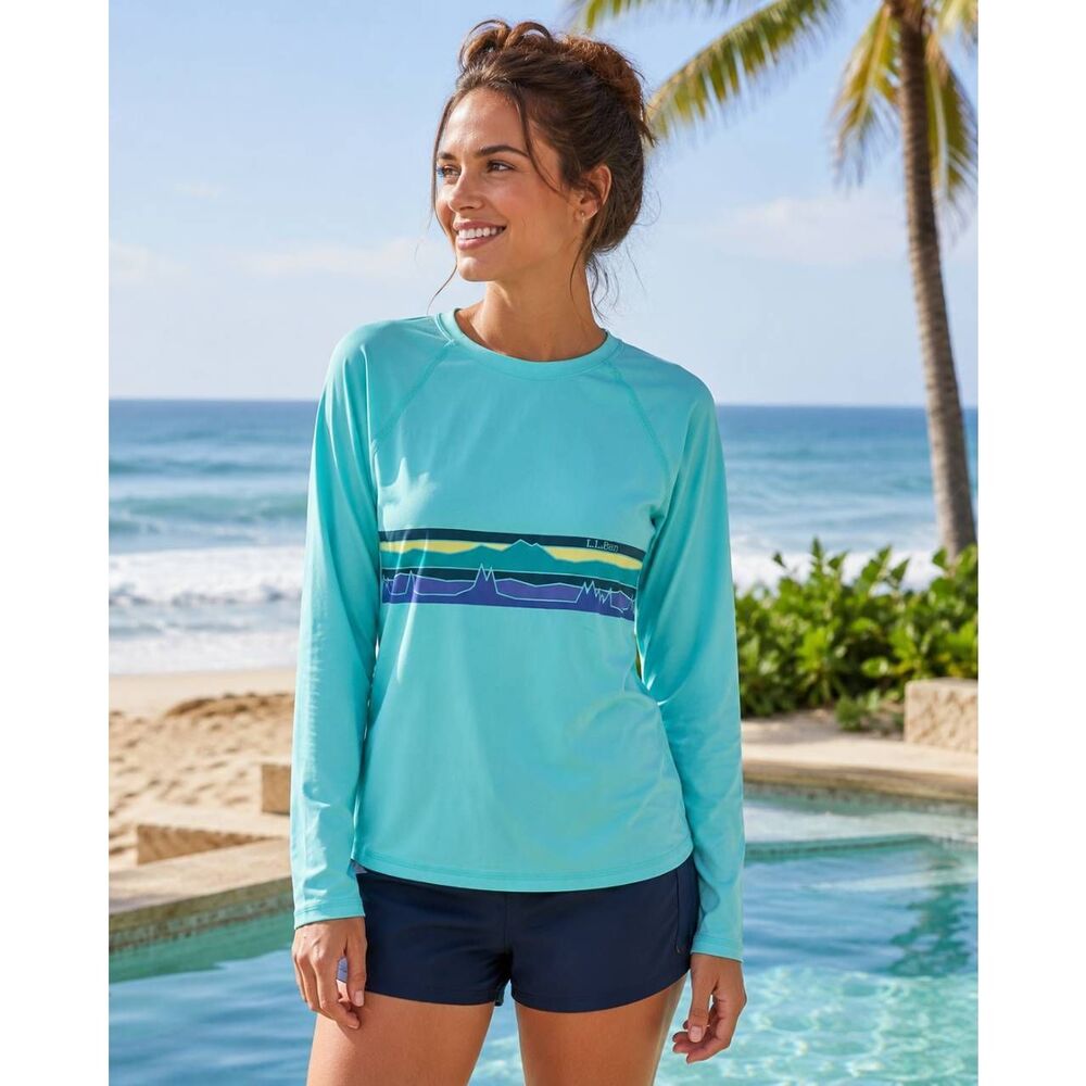 L.L.Bean Women’s Aqua Long Sleeve Rash Guard Swim Shirt Mountain Graphic Size Me